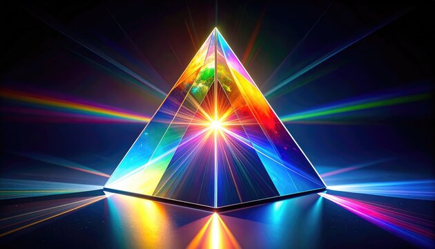 A vibrant pyramid prism refracting and splitting a beam of light, creating a spectrum of colors. The light creates amazing visual effects.	
