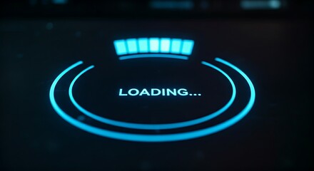 Innovative loading bar concept. A holographic circular progress bar fills with light, with the word "LOADING..." in the center.