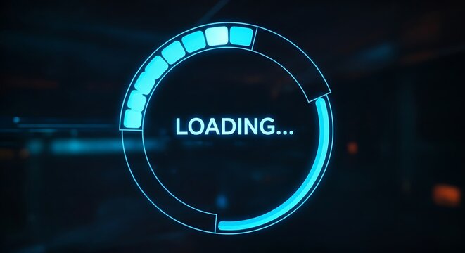Innovative loading bar concept. A holographic circular progress bar fills with light, with the word "LOADING..." in the center.