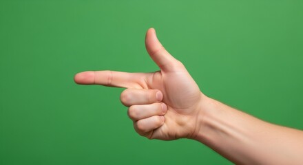 Male caucasian hand pointing finger to side, chromakey effect. Hand gesture showing direction or making choice, isolated on green screen.