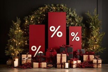Festive studio backdrop showcasing vibrant percentage graphics and elegantly arranged product boxes, accented by warm lighting, evoking excitement for a seasonal sale countdown