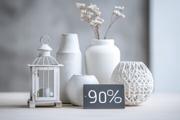 Brightly lit studio setting showcasing elegant home decor items with bold discount percentages displayed prominently on a clean, neutral background, inviting and festive mood