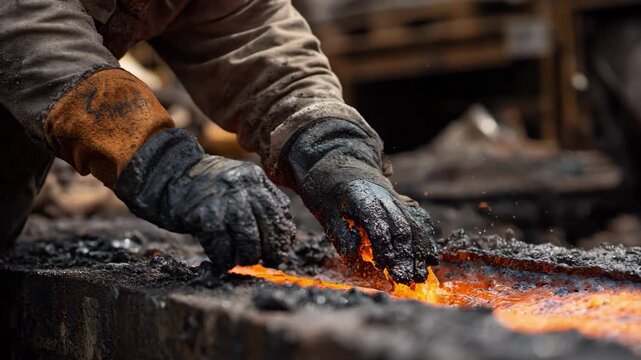 Closeup on workers gloved hands carefully removing slag from copper bath at midday highlighting protective gear and intense focus.