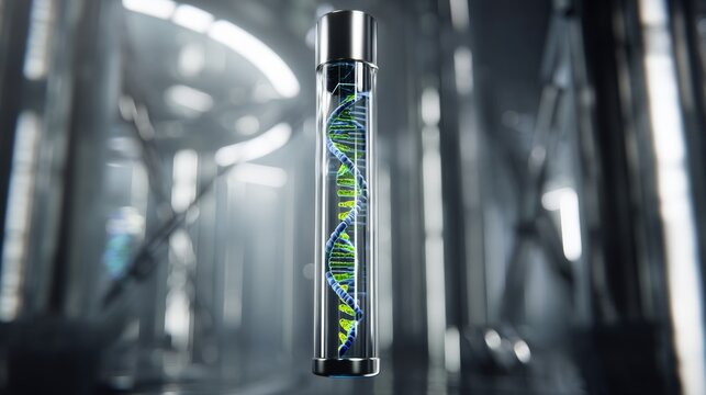A Close-Up View of a Modern DNA Helix Contained in a Futuristic Glass Vial Captured in a Lab Setting
