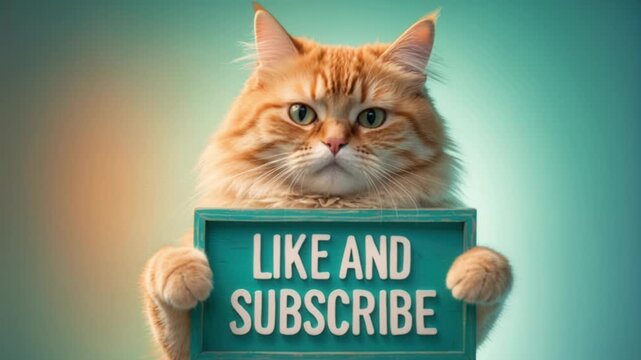 Ginger cat holding a turquoise sign with the text "LIKE AND SUBSCRIBE" written in bold white letters. The background features a soft gradient of teal and orange hues.