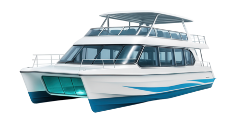 Tourist catamaran with glass-bottom and panoramic viewing areas.