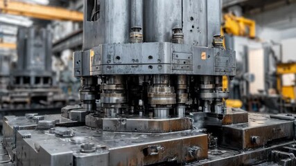 Detailed medium shot of a complex hydraulic press arrangement with multiple cylinders highlighting synchronized heavy forging in an industrial workshop.