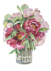 Watercolor hand-drawn art with peony bouquet in glass vase. Floral illustration for postcards. 