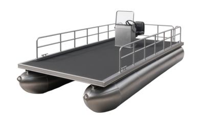 Utility pontoon boat with a sturdy deck and towing capability.