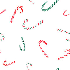 Candy canes seamless watercolor pattern for Christmas and New Year,  winter holiday background , wrapping paper, surface design, traditional sweets, desserts, treats, PNG, transparent background 