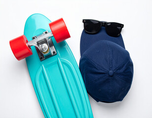 Naklejka premium Vibrant Still Life - Turquoise Skateboard, Red Wheels, Navy Cap, Black Sunglasses on White.