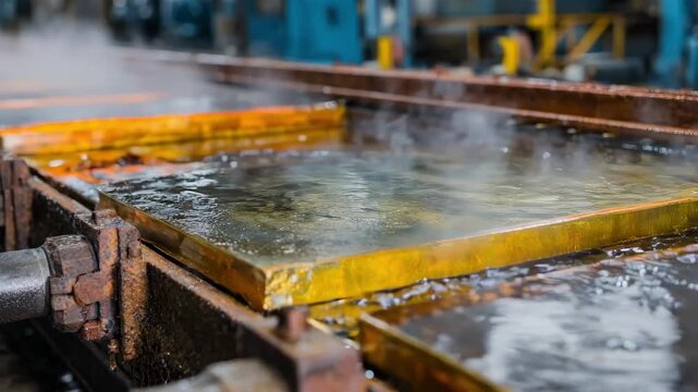 Closeup of electrogalvanizing line showing metal sheets immersed in electrolyte solution using electric current to deposit a uniform zinc layer for rust protection.