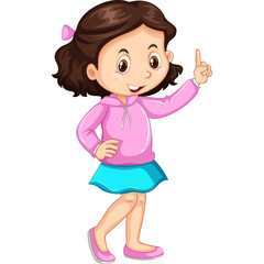 A young girl with brown hair and a pink hooded sweatshirt and blue skirt stands on a transparent background pointing upwards with her index finger a joyful expression on her face