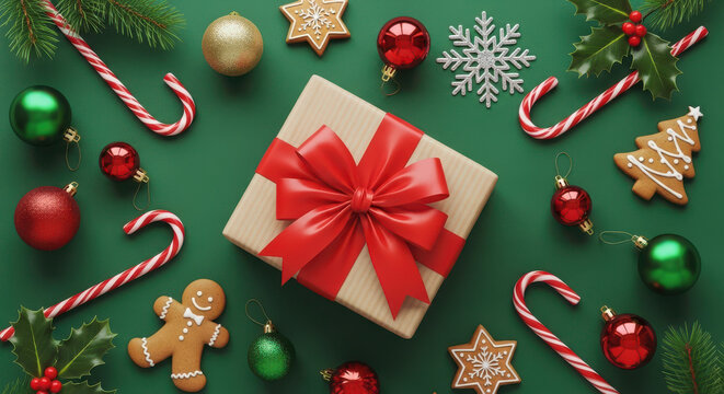 Festive holiday gift with ornaments and gingerbread cookies create a cheerful Christmas mood, perfect for seasonal marketing or cozy winter promotions
