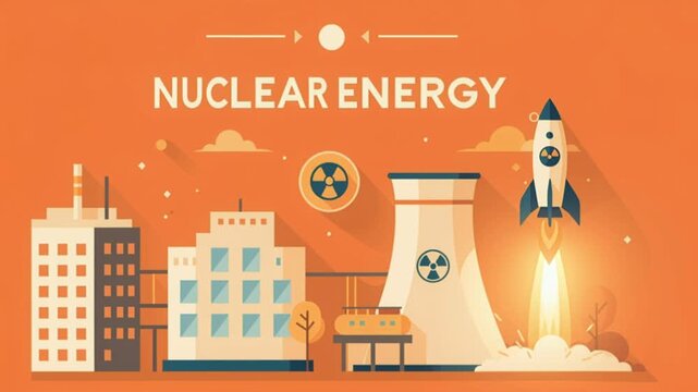 Flat vector illustration depicting a nuclear energy concept. Features a power plant, rocket launch, radiation symbols, and industrial buildings on an orange background.
