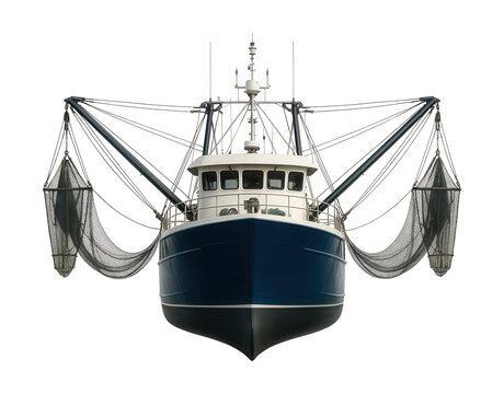 Shrimp fishing vessel with outriggers and ample deck area.