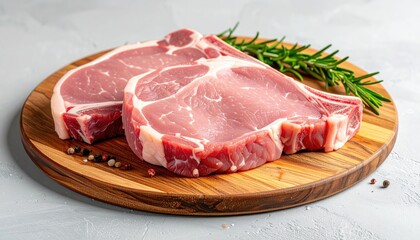 Fototapeta premium Fresh raw pork chops on a wooden cutting board, ready for cooking