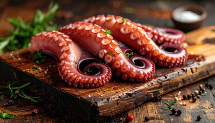 Close-up shot of grilled octopus tentacles on a wooden board. The dish is prepared with herbs, spices, and a sprinkle of salt.