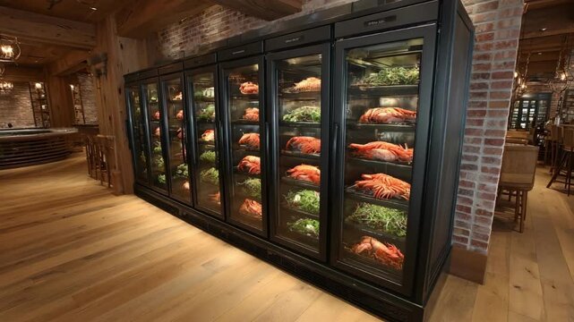 Medium shot focusing on vertical compartments in display units filled with various shelled seafood highlighting organization and freshness