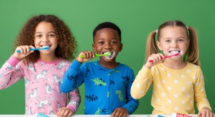 Three smiling kids brushing teeth with toothpaste foam. Happy children practice morning hygiene on green screen background. Effect for chromakey.