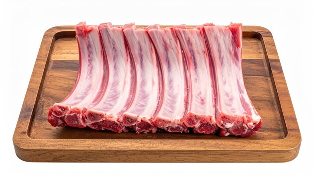 Raw ribs on a wooden cutting board, ready for cooking