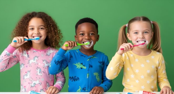Three smiling kids brushing teeth with toothpaste foam. Happy children practice morning hygiene on green screen background. Effect for chromakey.