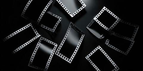 Obraz premium Dark glossy film strip frames scattered on black background with dramatic highlights and reflective texture conveying cinematic mood and vintage photography aesthetic