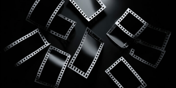 Dark glossy film strip frames scattered on black background with dramatic highlights and reflective texture conveying cinematic mood and vintage photography aesthetic