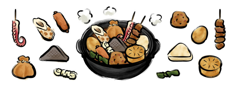 おでんの筆書き墨絵ベクターイラスト