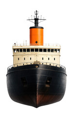 Compact icebreaker featuring a dark hull and vibrant orange smokestack.