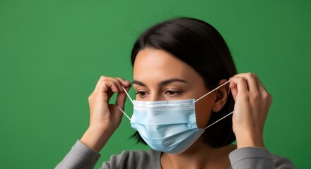 Woman putting on blue medical mask on green screen background. Protection effect for chromakey video.