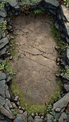 Naklejka premium Cracked stone floor rock wall moss vegetation cave opening fantasy trading card background