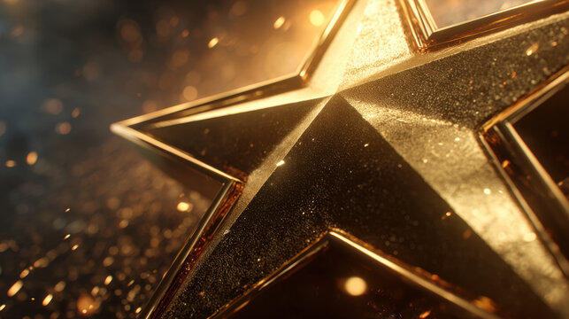 Golden metallic star close up with sparkling texture and cinematic glowing bokeh atmosphere conveying celebration and prestige