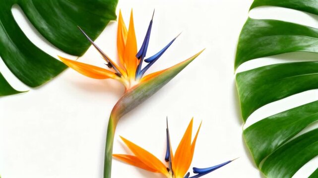 Bright orange and blue bird of paradise flowers paired with lush green monstera leaves arranged on a white background. Vibrant tropical botanical theme.
