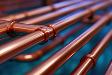 Polished copper pipe close up metal plumbing detail industrial tubing smooth copper finish shallow depth of field reflective surface blue background mechanical component