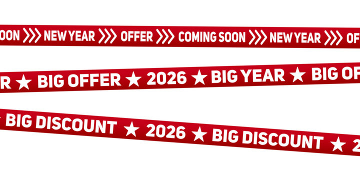 Three red ribbons with white text announce New Year offers, big discounts, and coming soon events for the year 2026. This imagery is suitable for promotions, sales, and holiday advertising vector