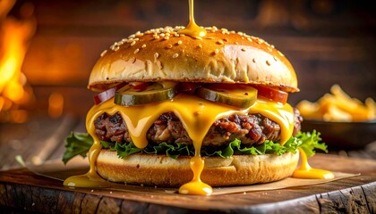 Dripping cheesy burger on wooden board