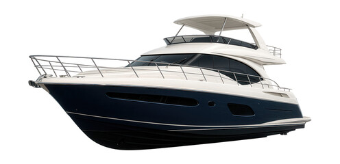 Elegant yacht featuring a flybridge and durable stainless steel railings.