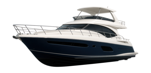 Elegant yacht featuring a flybridge and durable stainless steel railings.