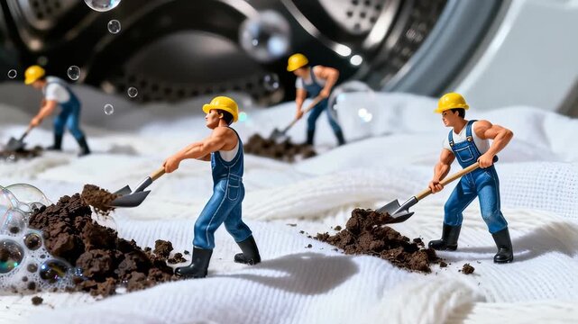 Creative concept featuring miniature construction workers digging soil on white fabric, surrounded by soap bubbles. A washing machine drum is visible behind, symbolizing laundry cleaning.