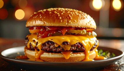 Mouthwatering cheesy burger indulgence on plate