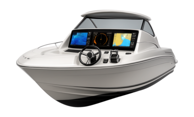 Modern motor yacht featuring a sleek helm and digital navigation screens.