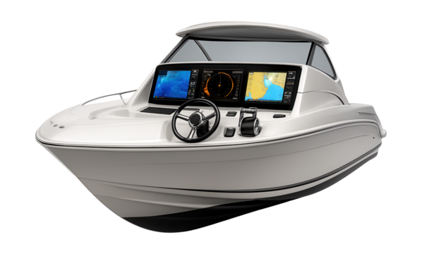 Modern motor yacht featuring a sleek helm and digital navigation screens.