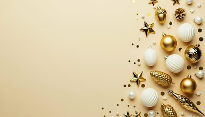 Fototapeta premium Elegant christmas and new years eve composition with golden and white festive ornaments, stars, pine cones, and sparkling confetti arranged on a light beige background, offering a beautiful space for 