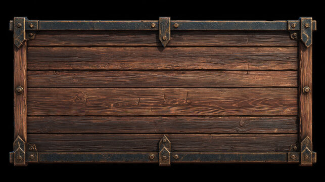 Weathered wooden billboard with metal frame and rivet details, rustic plank texture, warm brown tones conveying rugged character and vintage mood