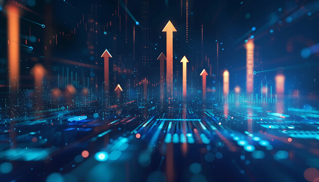 inside data digital arrow graph going up with stock market growth, blue gradient background, glowing highlights, dark blue color scheme	