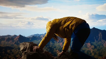 Inexperienced trekker loses his footing in extreme conditions, struggling to keep his balance as he...
