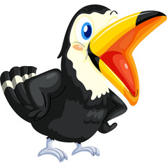 Obraz premium Cartoon Toucan Bird With Large Yellow Beak Open Mouth Smiling Animated Tropical Jungle Animal With Blue Eyes Black Feathers White Chest And Orange Detail On Transparent Background