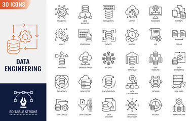 Data Engineering icon set. Editable stroke. Vector illustration