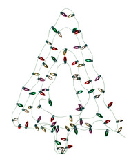 A string of toy christmas lights in the shape of a Christmas Tree on a transparent background.
